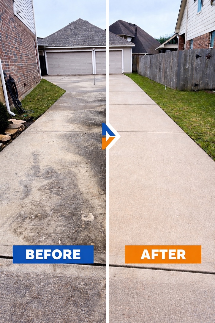 Before and after professional cleaning of a concrete driveway and walkway in Katy, TX, showing dirt and staining removed