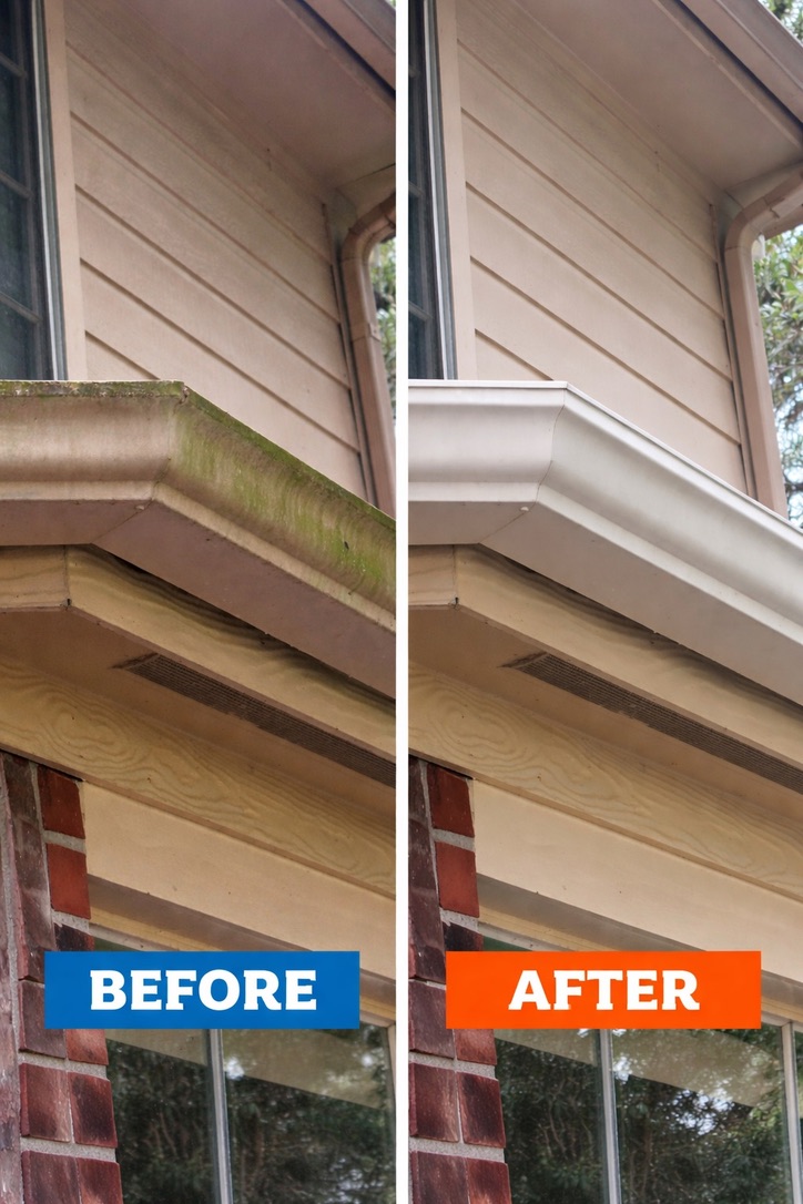 Before and after cleaning of a gutter and fascia exterior in Katy, TX, showing algae removed