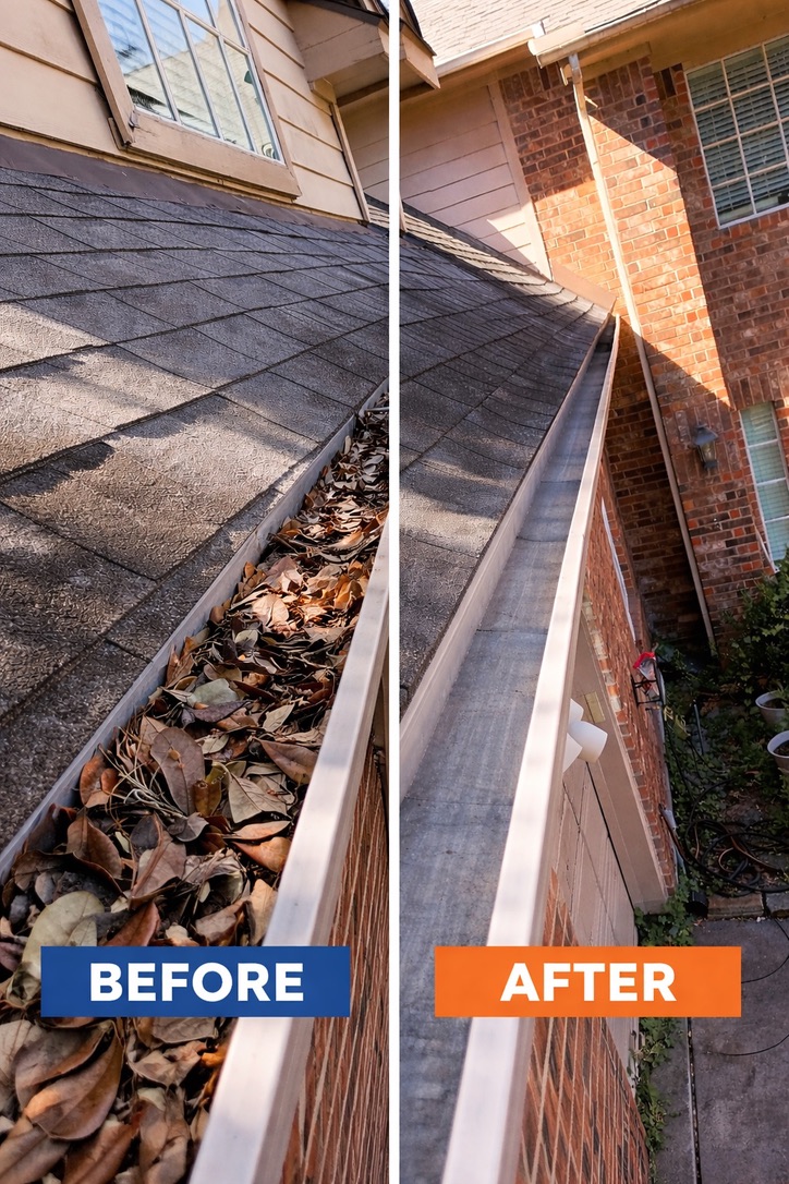 Before and after gutter cleaning on a residential roof in Katy, TX, showing a leaf-clogged channel cleared