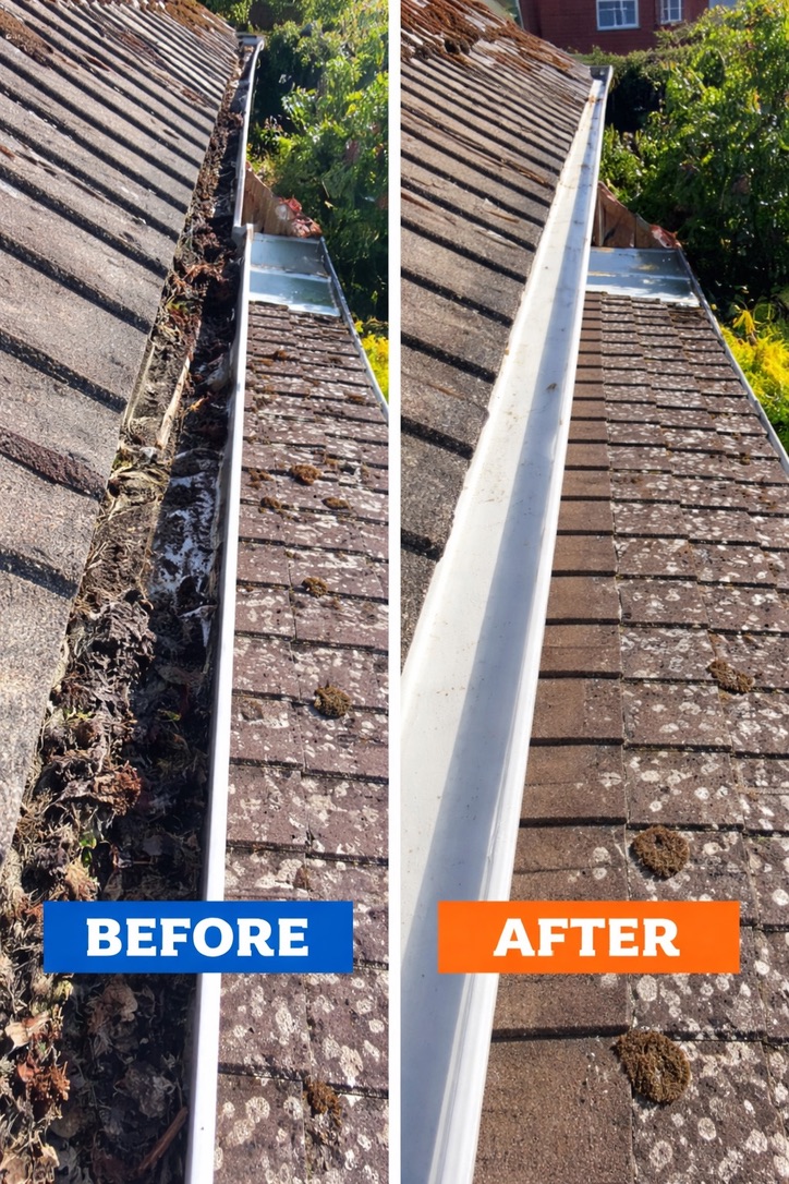 Before and after gutter cleaning on a residential roof in Katy, TX, showing debris removed from the gutter channel