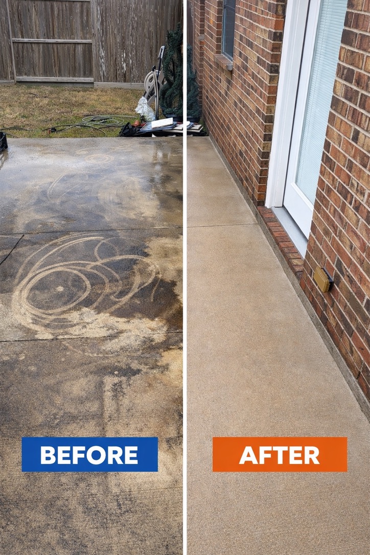 Before and after professional cleaning of a concrete back patio in Katy, TX, showing tire marks and grime removed
