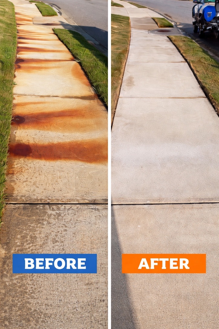 Before and after professional cleaning of a concrete sidewalk in Katy, TX, showing rust staining removed