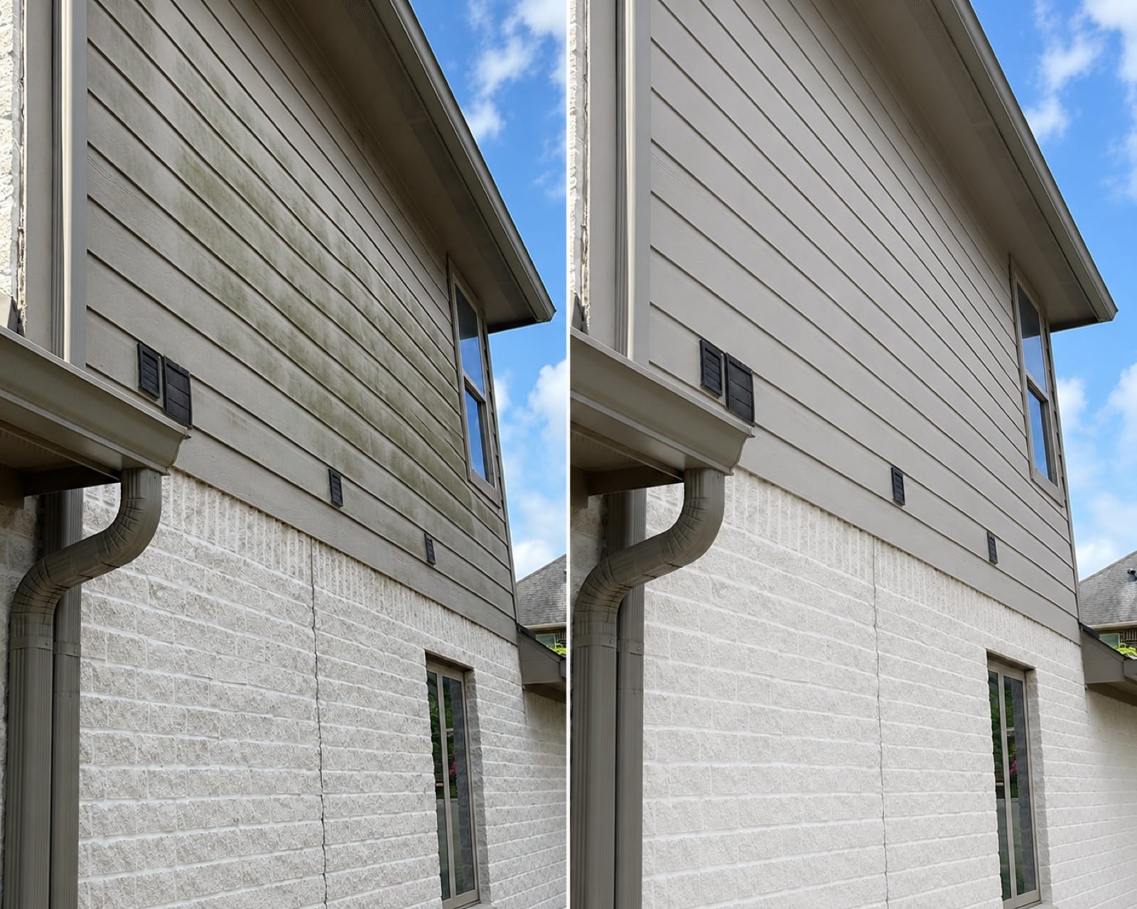 Before and after professional house washing on a vinyl siding home in Katy, TX, showing algae and dirt removed from the exterior