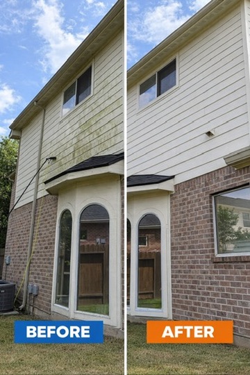 Before and after house washing on two-story vinyl siding in Katy, TX, showing heavy green algae streaking removed