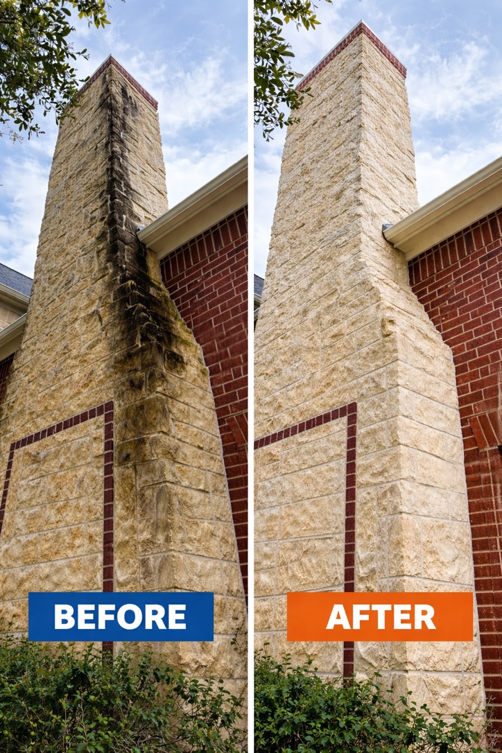 Before and after professional house washing on a stone chimney in Katy, TX, showing black mildew staining removed