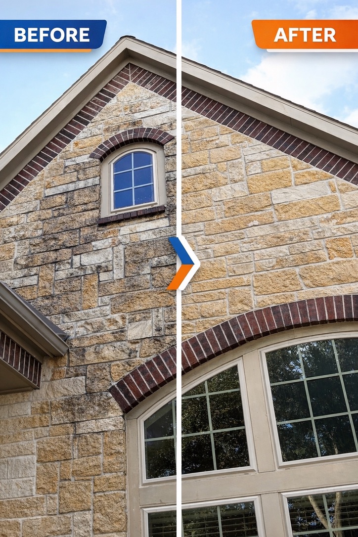 Before and after house washing on a stone gable and arched window in Katy, TX, showing algae and dirt buildup removed