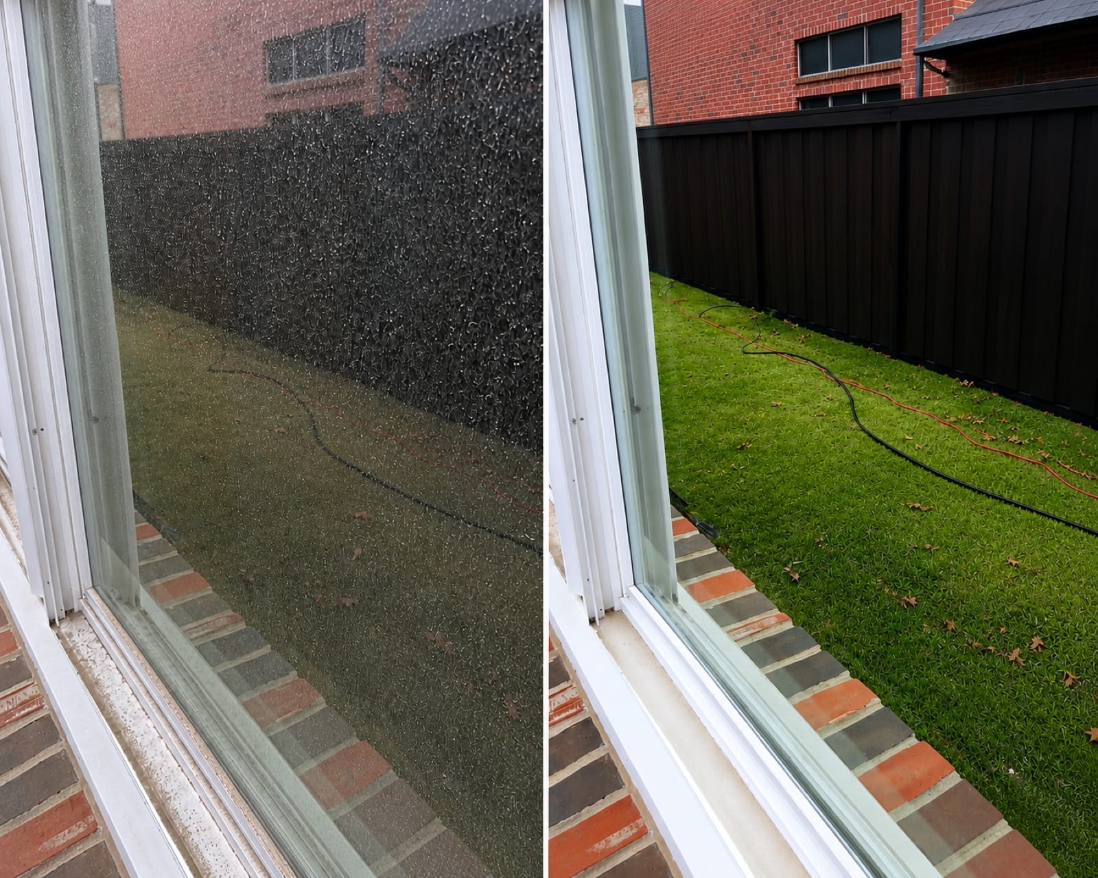 Window before and after cleaning, left half dirty and right half clean