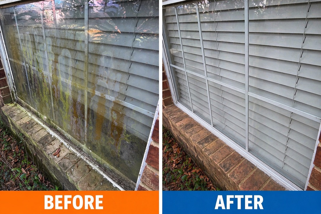 Before and after window cleaning in Katy, TX, showing algae buildup removed from the glass