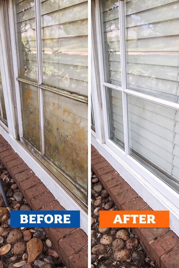 Before and after window cleaning in Katy, TX, showing mineral and rust staining removed from the glass