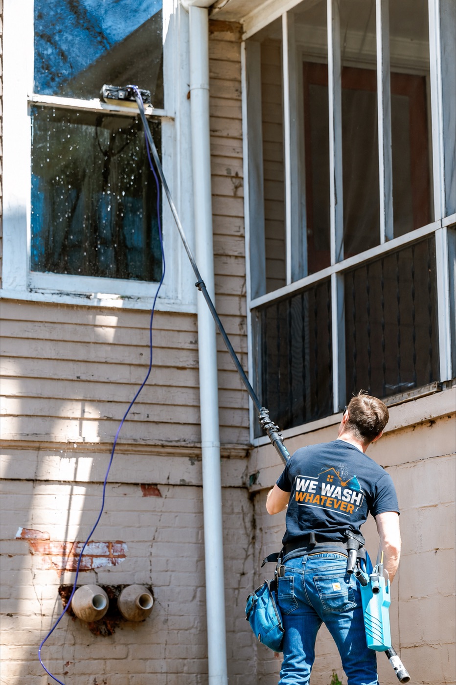 We Wash Whatever technician cleaning a second-story window with a water-fed pole in Katy, TX