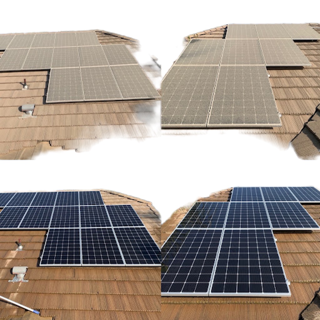 Before and after professional solar panel cleaning on a residential rooftop in Katy, TX, showing dust and buildup removed with a soft-cleaning pole